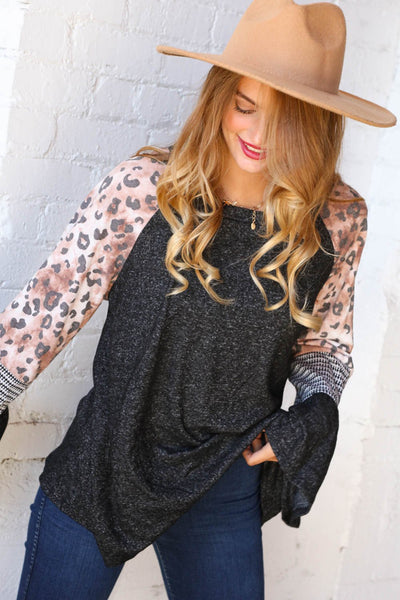 Grey Hacci Jacquard Block Leopard Print Bell Sleeve Top