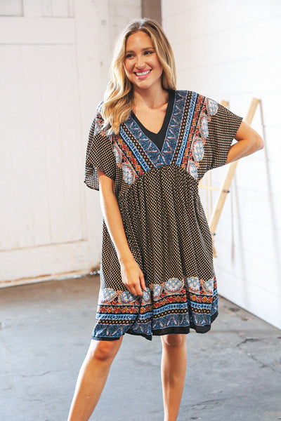 Indigo Black Boho Challis Surplice Pocketed Dress