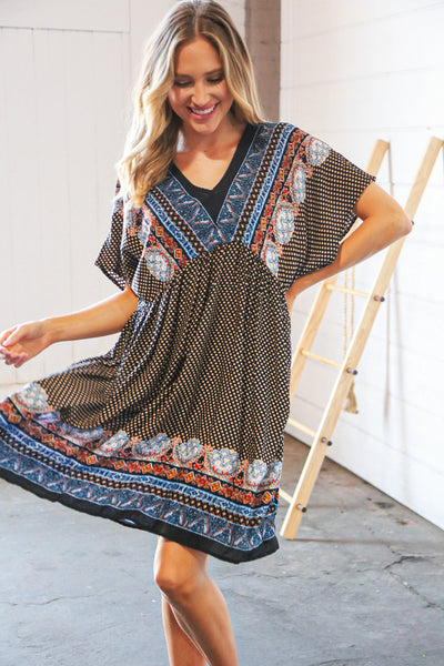 Indigo Black Boho Challis Surplice Pocketed Dress