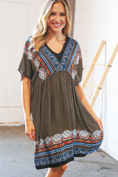 Indigo Black Boho Challis Surplice Pocketed Dress