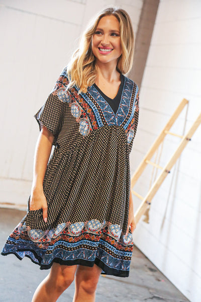 Indigo Black Boho Challis Surplice Pocketed Dress