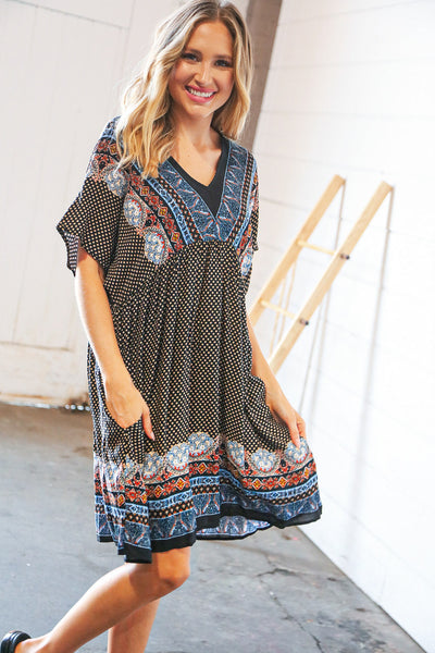 Indigo Black Boho Challis Surplice Pocketed Dress