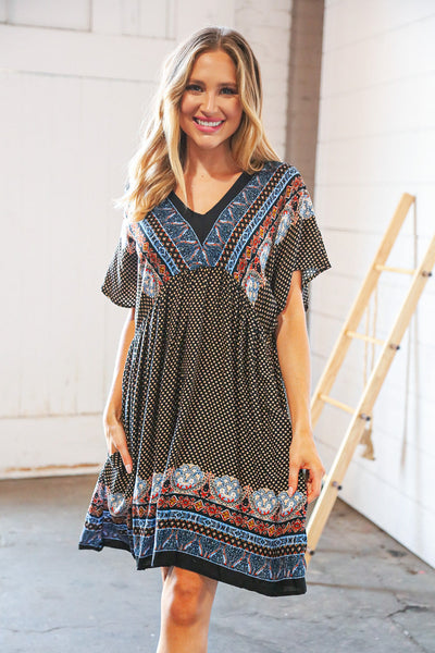 Indigo Black Boho Challis Surplice Pocketed Dress