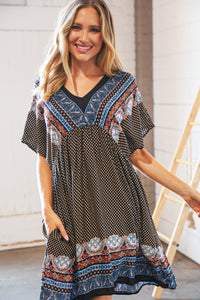 Indigo Black Boho Challis Surplice Pocketed Dress