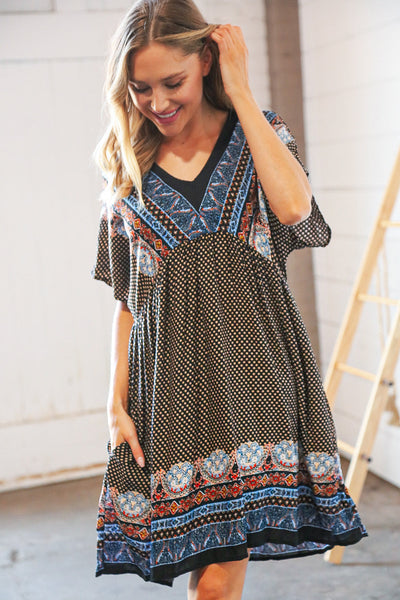 Indigo Black Boho Challis Surplice Pocketed Dress