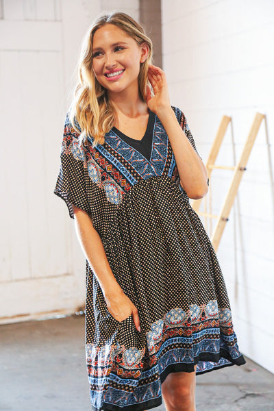 Indigo Black Boho Challis Surplice Pocketed Dress