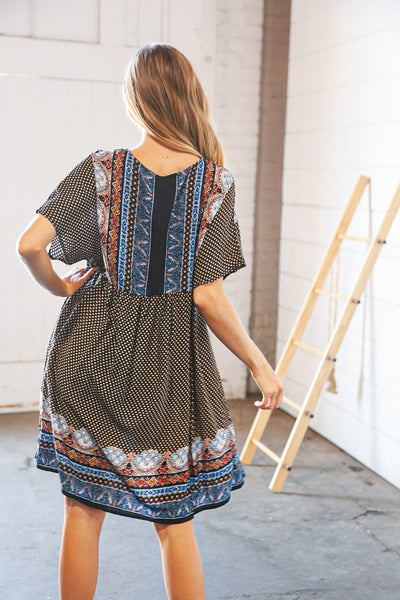 Indigo Black Boho Challis Surplice Pocketed Dress