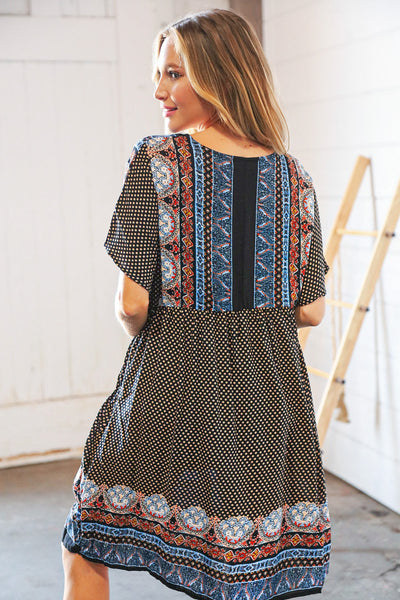 Indigo Black Boho Challis Surplice Pocketed Dress