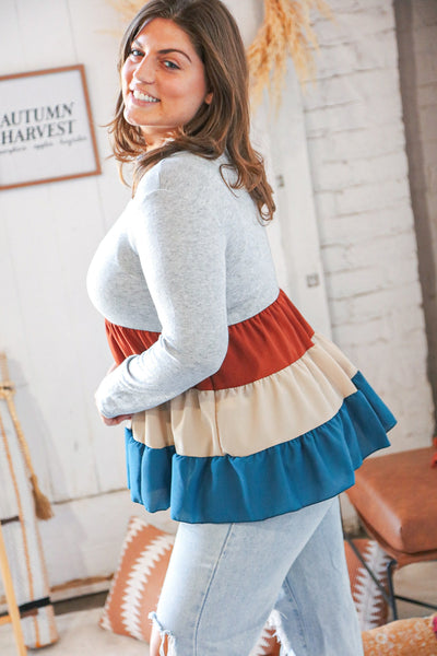 Grey Sweater Knit Two Fer Tiered Woven Top