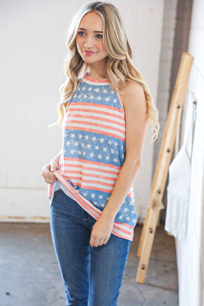 Denim/Coral Star & Stripe Thermal Halter Tank Top