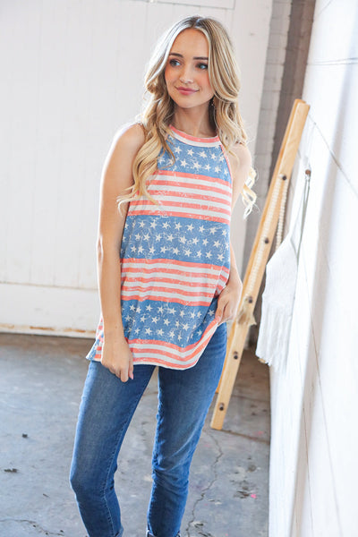 Denim/Coral Star & Stripe Thermal Halter Tank Top