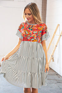 Tropical Floral Yoke Stripe Tiered Color Block Swing Dress