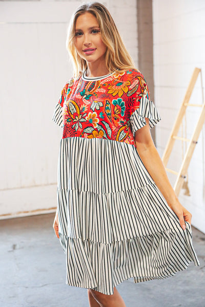 Tropical Floral Yoke Stripe Tiered Color Block Swing Dress