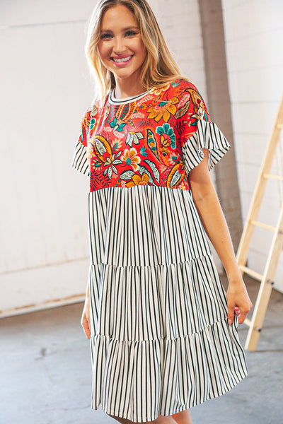 Tropical Floral Yoke Stripe Tiered Color Block Swing Dress