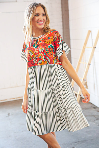 Tropical Floral Yoke Stripe Tiered Color Block Swing Dress