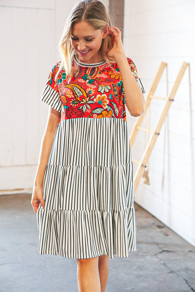 Tropical Floral Yoke Stripe Tiered Color Block Swing Dress