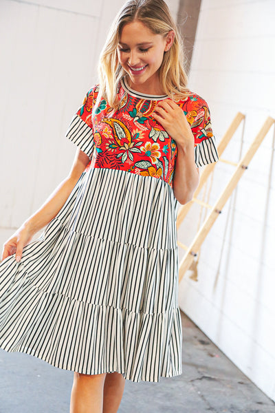 Tropical Floral Yoke Stripe Tiered Color Block Swing Dress