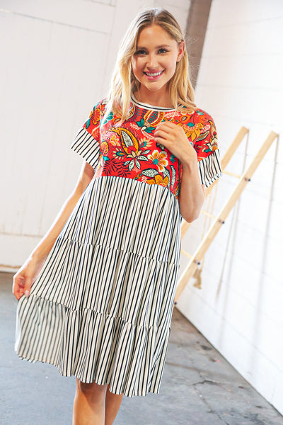 Tropical Floral Yoke Stripe Tiered Color Block Swing Dress