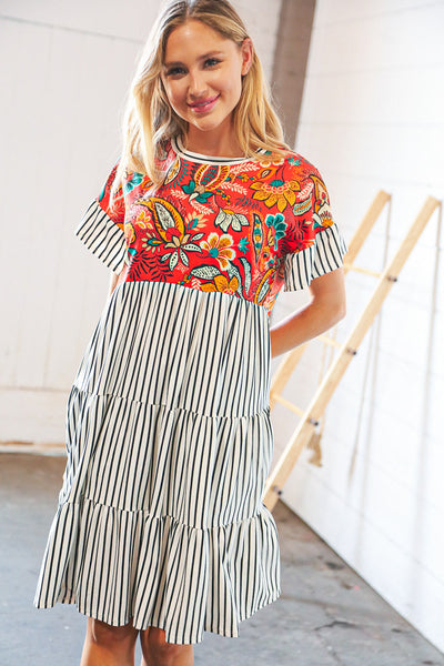 Tropical Floral Yoke Stripe Tiered Color Block Swing Dress