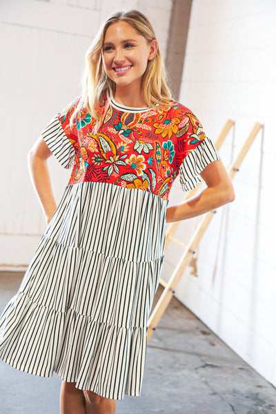 Tropical Floral Yoke Stripe Tiered Color Block Swing Dress