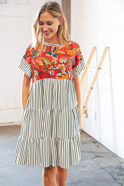 Tropical Floral Yoke Stripe Tiered Color Block Swing Dress