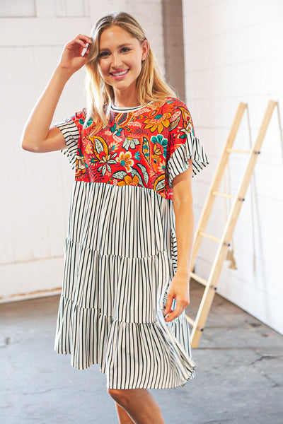 Tropical Floral Yoke Stripe Tiered Color Block Swing Dress