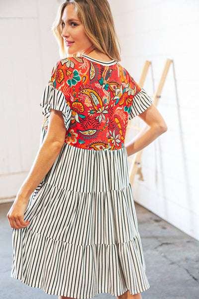 Tropical Floral Yoke Stripe Tiered Color Block Swing Dress