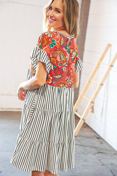 Tropical Floral Yoke Stripe Tiered Color Block Swing Dress