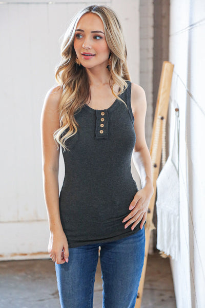 Charcoal Ribbed Henley Button Tank Top