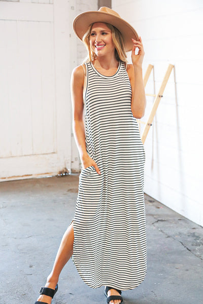 Black Stripe Sleeveless Scalloped Hem Side Slit Maxi Dress