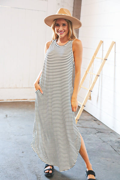 Black Stripe Sleeveless Scalloped Hem Side Slit Maxi Dress