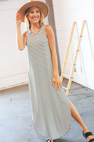 Black Stripe Sleeveless Scalloped Hem Side Slit Maxi Dress