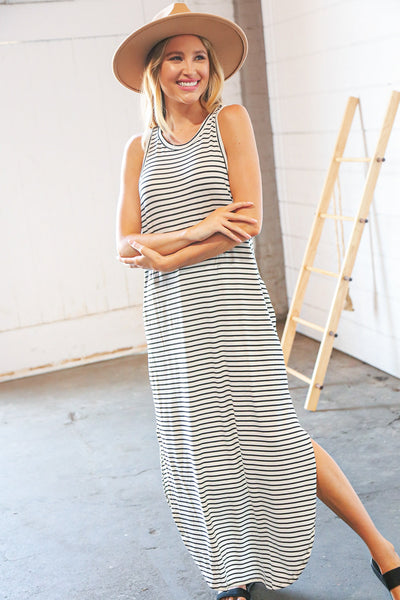 Black Stripe Sleeveless Scalloped Hem Side Slit Maxi Dress