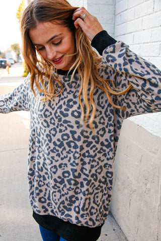 Leopard Print Black Rib Knit French Terry Pullover