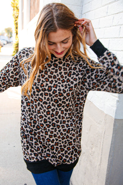 Leopard Print Black Rib Knit French Terry Pullover