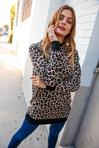 Leopard Print Black Rib Knit French Terry Pullover