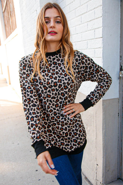 Leopard Print Black Rib Knit French Terry Pullover