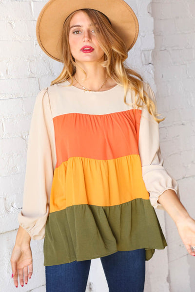 Color Block Tiered Bubble Sleeve Woven Top