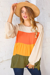 Color Block Tiered Bubble Sleeve Woven Top