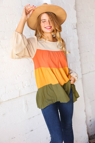 Color Block Tiered Bubble Sleeve Woven Top