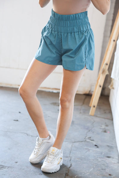 Dusty Teal Smocked Waistband Work Out Shorts