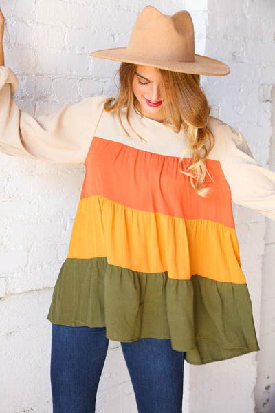 Color Block Tiered Bubble Sleeve Woven Top