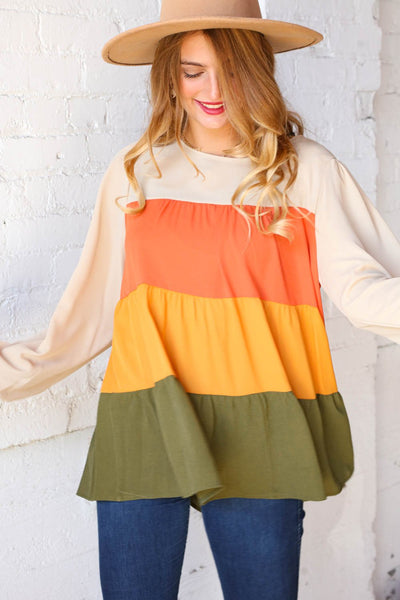 Color Block Tiered Bubble Sleeve Woven Top