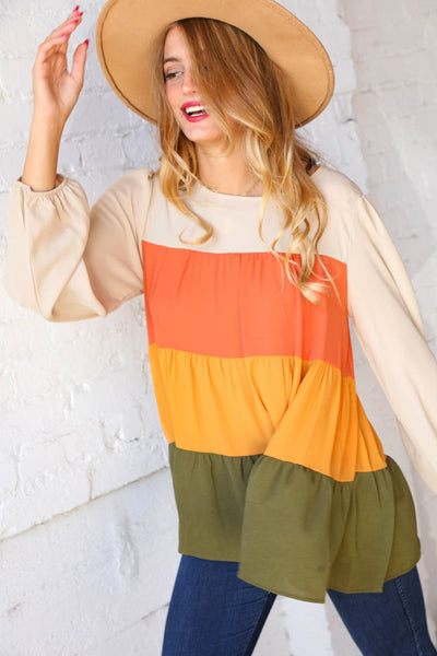 Color Block Tiered Bubble Sleeve Woven Top