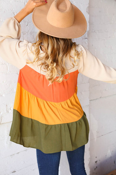 Color Block Tiered Bubble Sleeve Woven Top