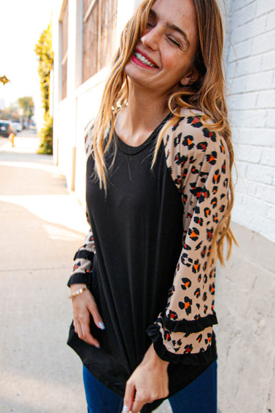 Animal Print Double Ruffle Sleeve Knit Pullover