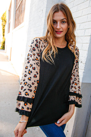 Animal Print Double Ruffle Sleeve Knit Pullover