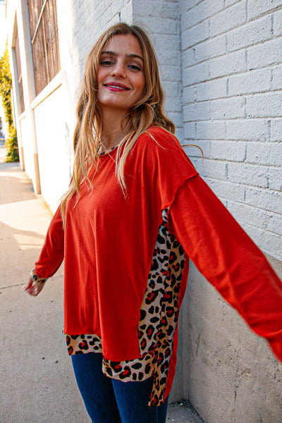 Rust Animal Print Out Seam Hacci Hi Lo Pullover