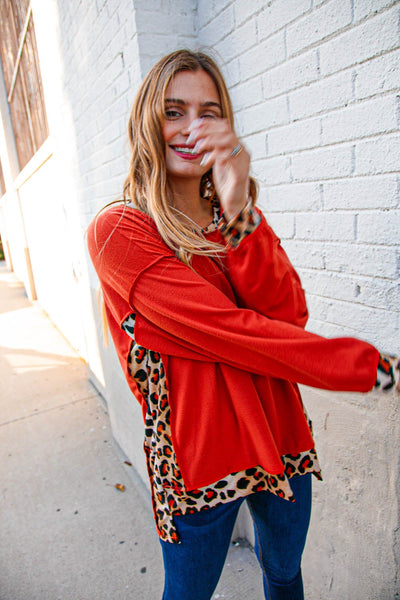 Rust Animal Print Out Seam Hacci Hi Lo Pullover