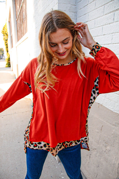 Rust Animal Print Out Seam Hacci Hi Lo Pullover